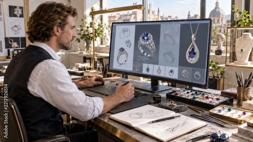 Jewelry Designer Creating Blue Gemstone Ring and Pendant Models with CAD Software