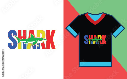 T-shirt featuring the word shark with a green shark silhouette on a black fabric background