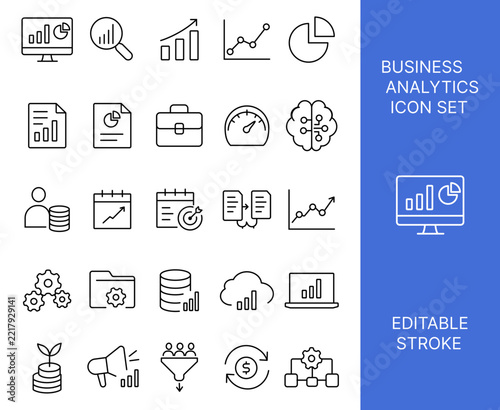 Business Analytics Outline Icon Set – Data Analysis, Statistics, Finance, and Management