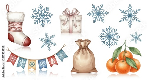 Watercolor New Year Elements with Gifts Stockings Snowflakes and Tangerines