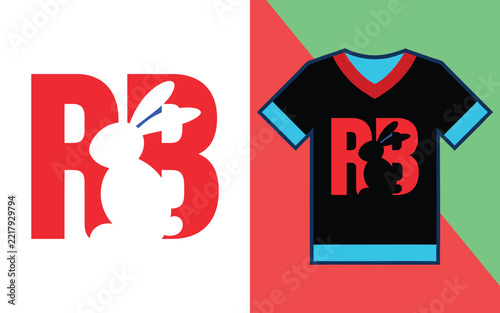 T-shirt with the letters rb and a white rabbit silhouette, bold typography on black athletic jersey
