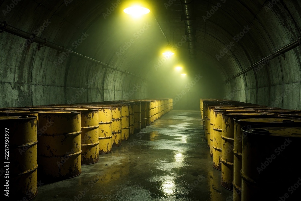 Fototapeta premium Yellow metal barrels with toxic waste stored in dark concrete basement tunnel. Industrial barrels line underground corridor under bright lights. Nuclear energy hazard, radioactive material storage