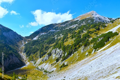 View of a scree bellow Draški Vrh mountain peak above Studorski prelaz in Julian alps, Gorenjska, Slovenia