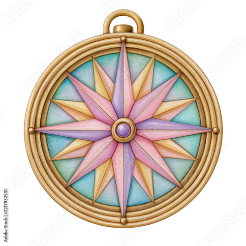 Watercolor compass brass navigation compass, isolated on transparent background