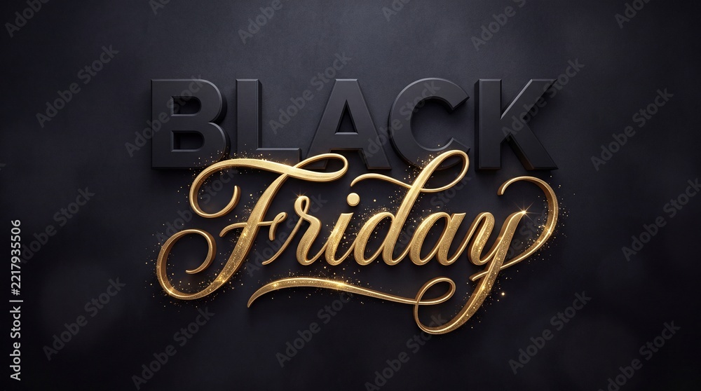 Obraz premium Elegant Black Friday gold and black 3D typography on dark textured background.