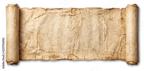 Ancient unrolled paper scroll isolated on transparent background, vintage parchment banner with copy space