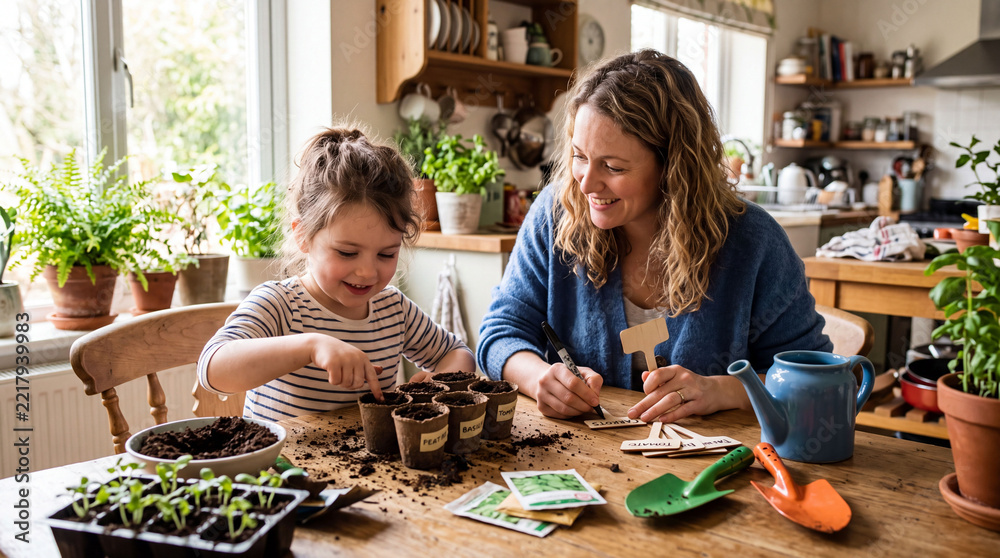 Fototapeta premium Parent and child planting seeds at the kitchen table