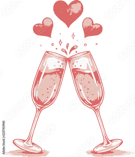 Champagne vector illustration clinking glasses with floating
