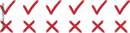 Checkmark icon set of hand drawn red brush strokes and crosses