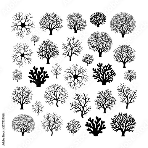 Black silhouette trees collection on white background