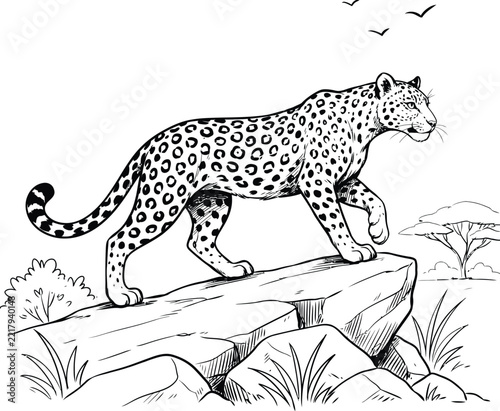 Leopard animal sketch drawing of a spotted big cat in nature