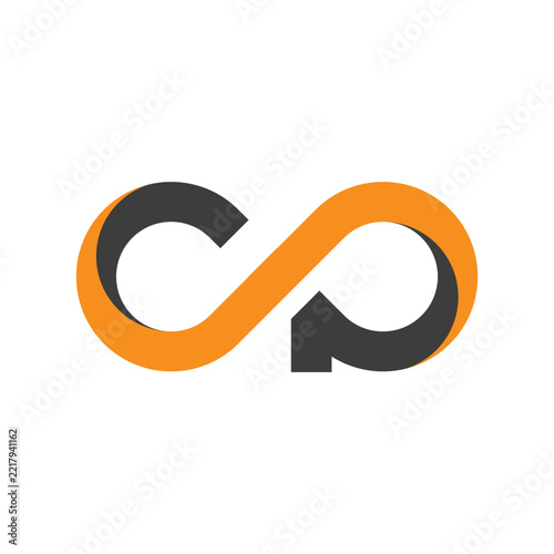 OP infinity logo combining interlocking letterforms into a continuous loop, modern orange and charcoal symbol for technology, business, connectivity, growth