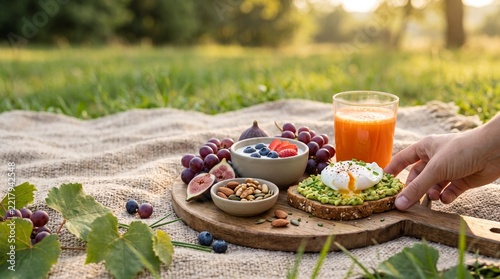 Healthy Outdoor Breakfast Picnic with Avocado Toast, Poached Egg, Yogurt Bowl, Fresh Fruit, and Orange Juice on Wooden Board