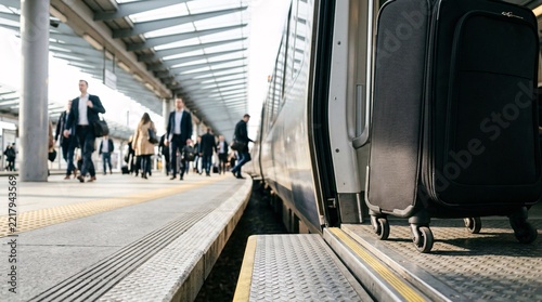Sleek commuter train with open doors waits at a sunny station platform as a black rolling suitcase sits just inside and travelers walk past