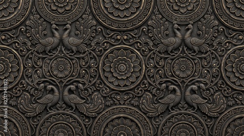 Seamless Luxury Black Stone Temple Relief Pattern with Gold Leaf Peacocks and Lotus Medallions