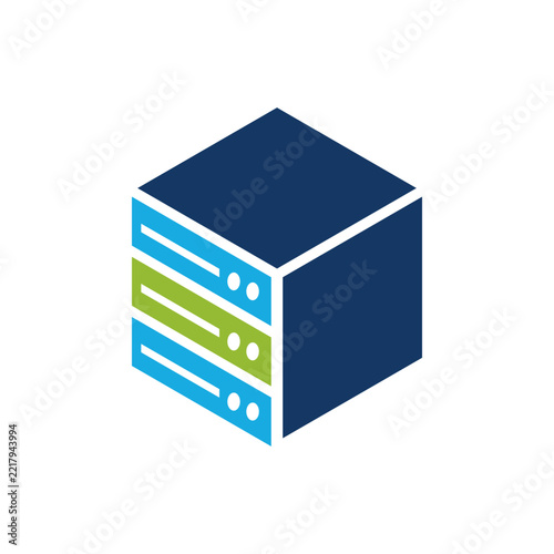 Server rack logo featuring a three dimensional geometric data cabinet with stacked server units, blue and green accents