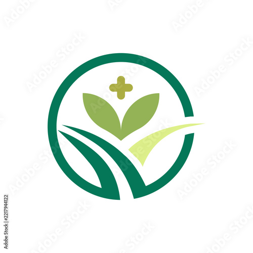 Natural healthcare logo combining a medical cross, leaves, and circular growth symbol for wellness, herbal medicine, organic health, sustainable care, and holistic healthcare on a white background.