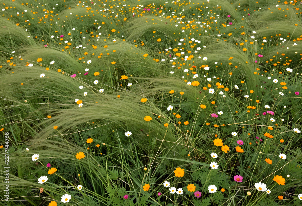 Fototapeta premium Sustainability and biodiversity concept, wild meadow with blooming cosmos flowers and feather grass swaying in the wind in a natural summer landscape