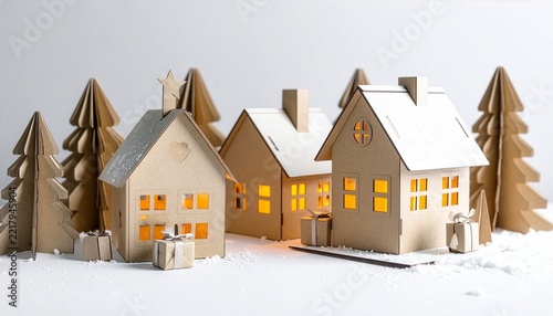 Miniature cardboard houses and paper christmas trees with gift boxes on white background