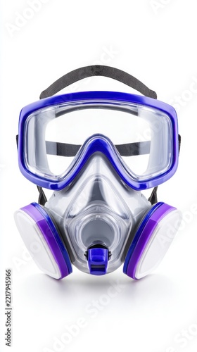 A clear and professional-grade respiratory mask with a distinct purple trim and dual filters