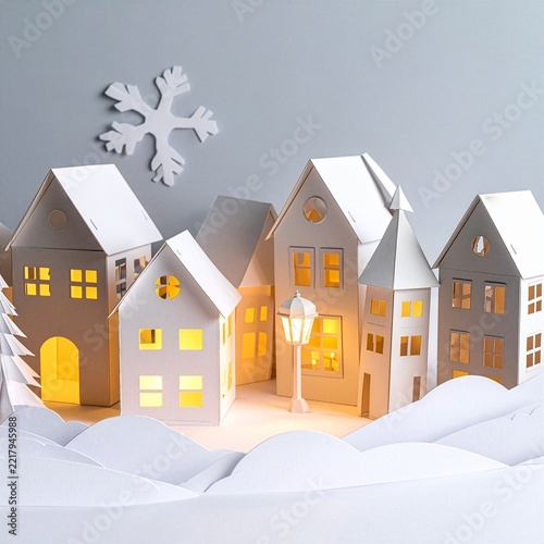 A charming miniature paper craft winter village scene with glowing warm lights inside small houses and a street lamp, set against a soft grey background with a decorative paper snowflake