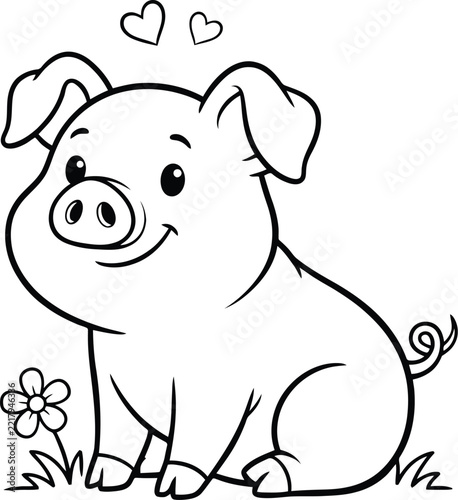 Pig coloring page outline drawing of a happy little piggy with pet art
