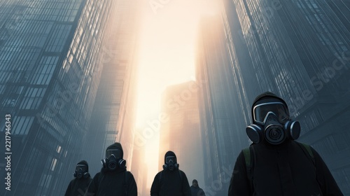 A group of figures wearing gas masks stands in a narrow city alley engulfed in fog