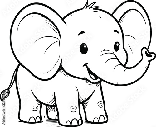 Elephant line art drawing of a baby calf with large ears and trunk