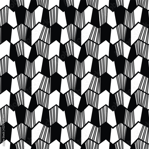A monochrome seamless vector illustration featuring abstract geometric shapes and striped patterns.