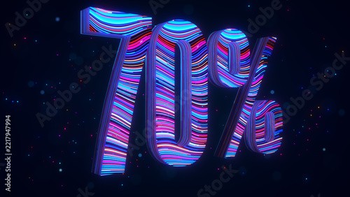 Large futuristic 3D 70 percent typography in perspective with vibrant blue and purple flowing stripes, glowing particles, and luminous bokeh against a dark digital space background.