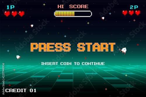 PRESS START. INSERT COIN TO CONTINUE. pixel art 8 bit. Retro Futurism Sci-Fi Background. Glowing neon grid and stars from vintage arcade computer games