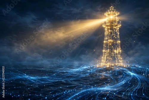 Stylized lighthouse built from beams of light and circuit lines over digital sea