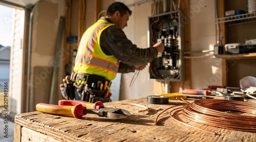 Electrical contractor in a yellow vest works on a residential breaker box with wire cutters and copper coils on a workbench in warm light