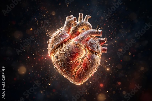Glowing artificial heart of warm light and delicate circuitry floating in dark space