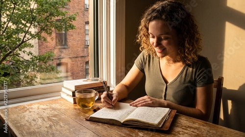 Person writing thoughts and reflections in a journal at the end of the year, focusing on personal growth, achievements, and future aspirations.