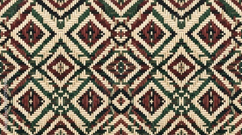 Seamless Bengali Shital Pati Woven Cane Mat Pattern with Geometric Diamonds in Maroon and Green