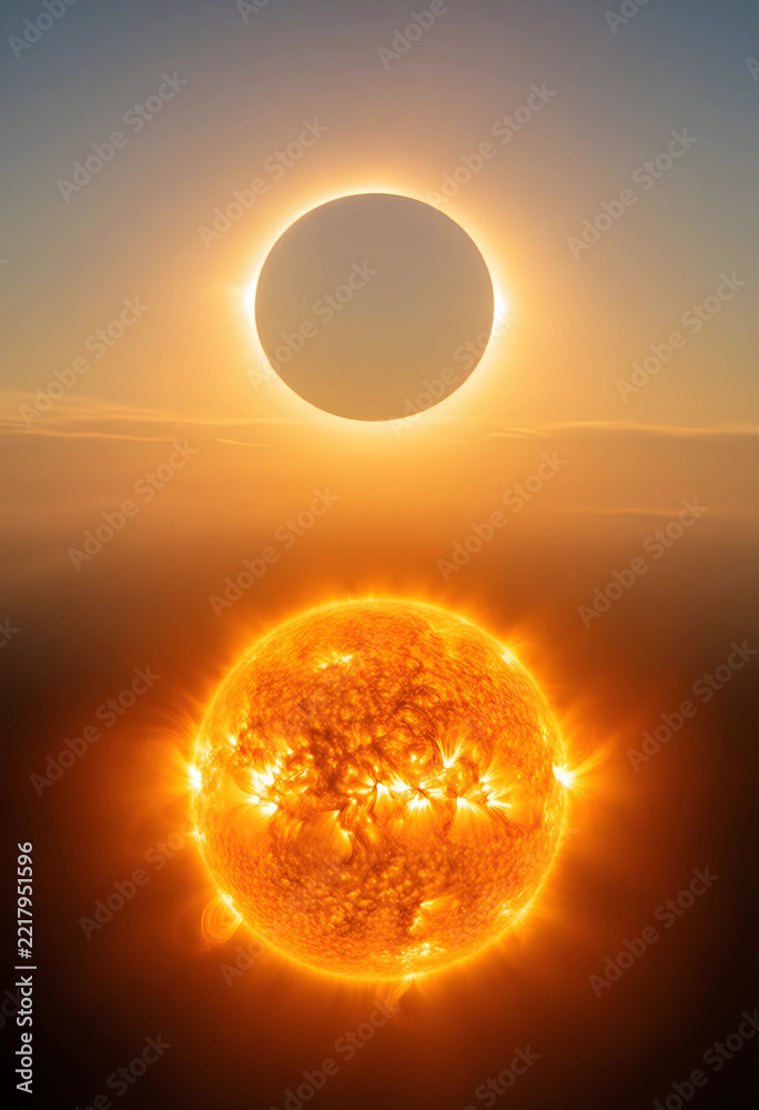 Fototapeta premium Solar eclipse and sun surface, astronomy and space exploration concept, celestial event with glowing corona and solar flares in the deep dark universe