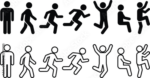 Person, set of stick figure icons showing various human actions in black and white styles