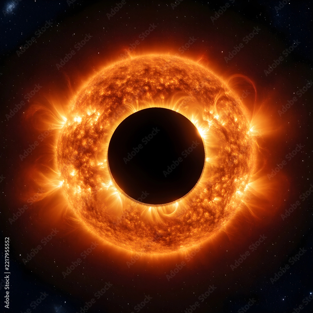 Fototapeta premium Solar eclipse and astronomy, total sun eclipse with glowing corona and plasma flares in deep space, celestial event and cosmic phenomenon in the galaxy