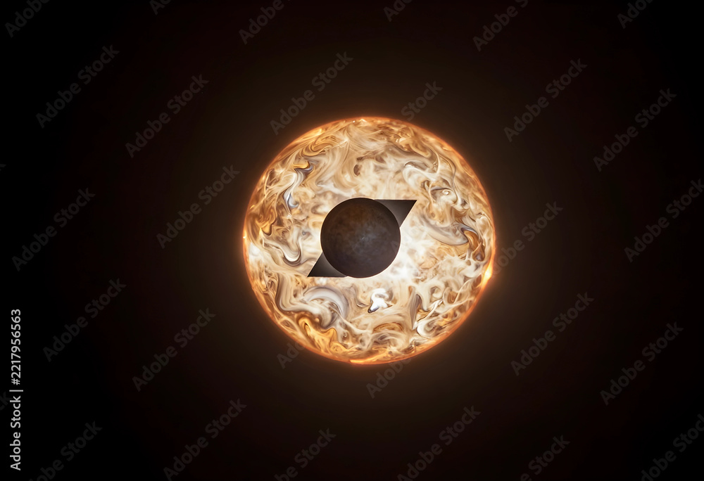 Fototapeta premium Astronomy and space exploration, planet silhouette passing in front of a glowing star with swirling plasma energy in deep dark outer space background