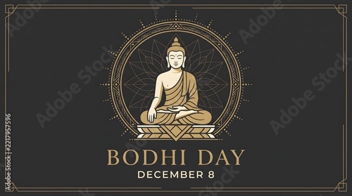 Buddha Meditation Illustration in Decorative Circle for Bodhi Day December 8 Poster