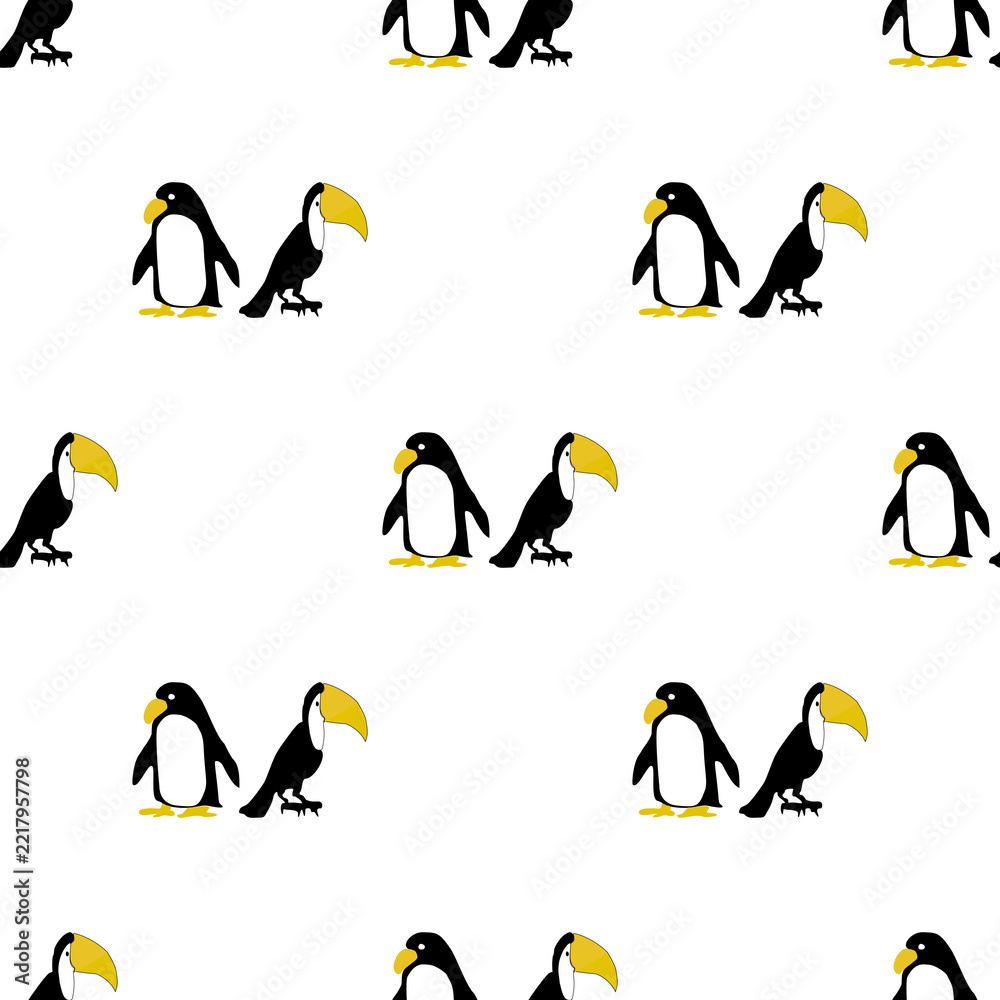 Fototapeta premium Cute Penguin and Toucan Bird Couple Seamless Vector Pattern Background Isolated on White Background