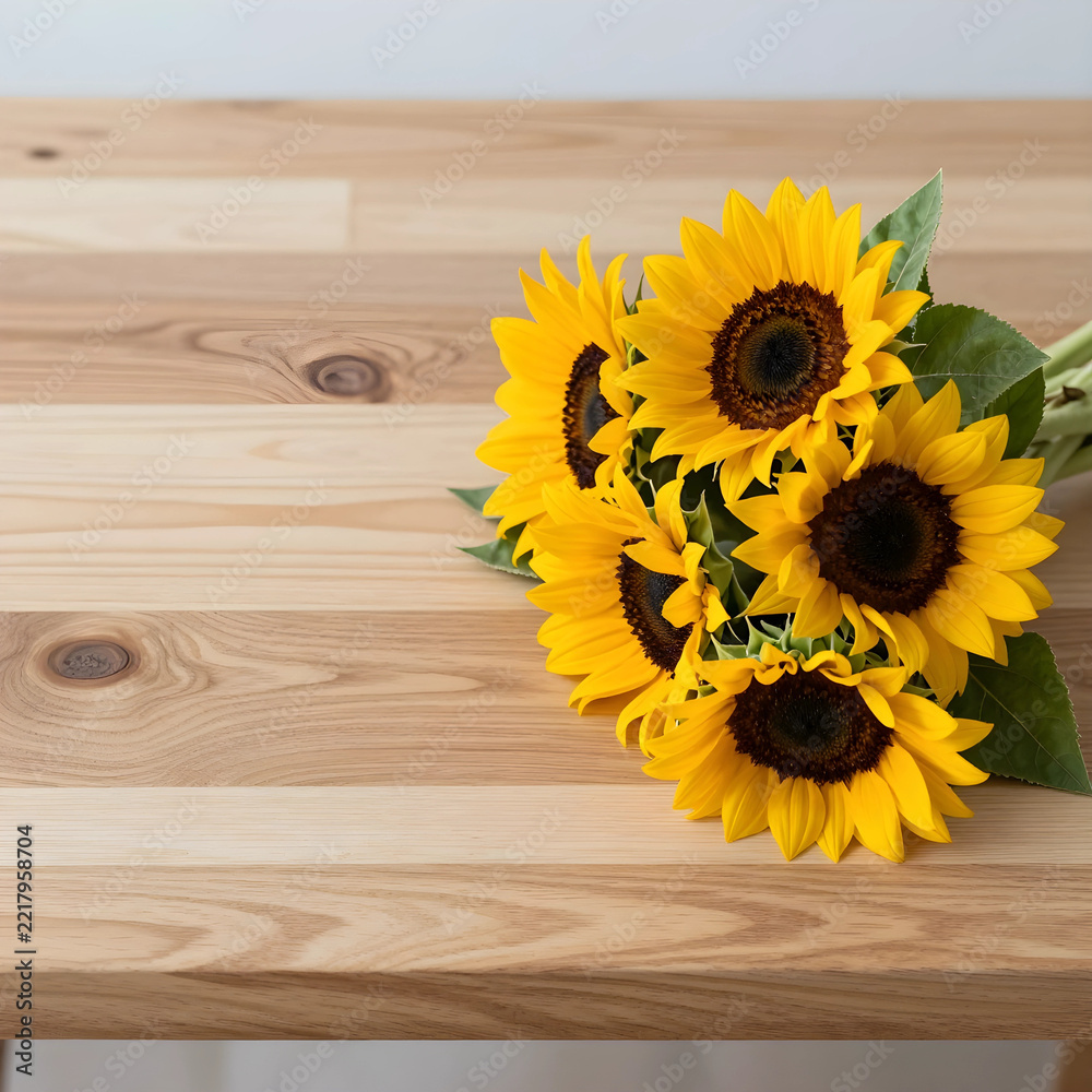 Naklejka premium Summer wellness and happiness, bouquet of fresh sunflowers on a rustic wooden table for home decor and interior design inspiration with copy space