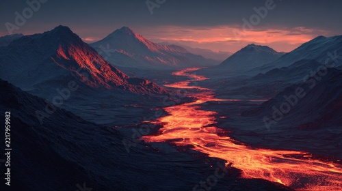 A fiery lava river snakes through a vast, mountainous valley at dusk under a warm, red-tinged sky