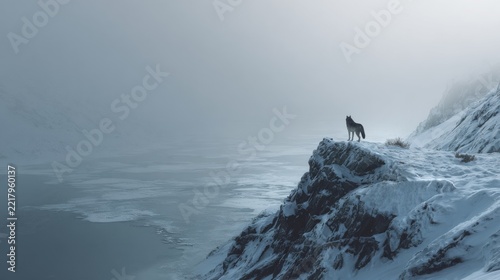 A lone wolf stands atop a snow-covered cliff, overlooking a frozen lake under a misty sky. A stark and cold landscape