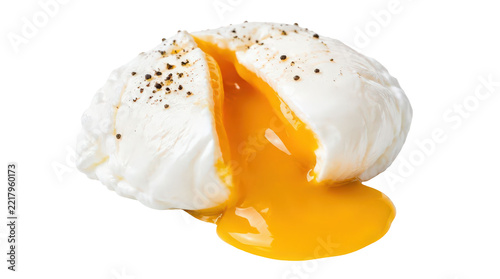 A perfectly cooked poached egg with a runny golden yolk isolated on white background.