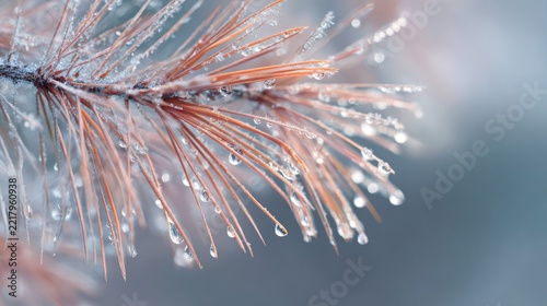 Close-up of frost-kissed evergreen needles adorned with glistening water droplets, set against a soft, blurred background