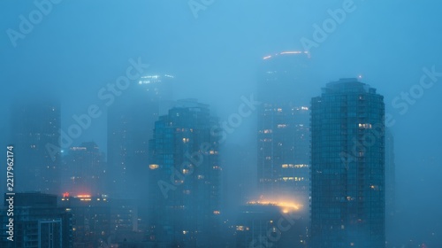 City skyscrapers are partially obscured by dense, moody fog, creating an ethereal, atmospheric scene at twilight