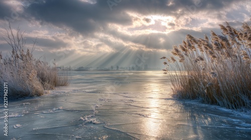 Winter scene. Sun rays pierce clouds, illuminating icy water with frosted reeds on either side, creating a tranquil vista
