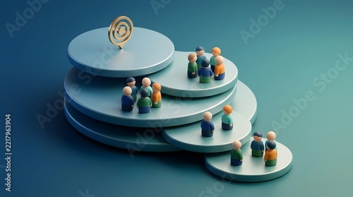 Business growth strategy, people on tiers for success and reaching target. Career development, professional team and corporate ladder with achievement, performance and leadership for management